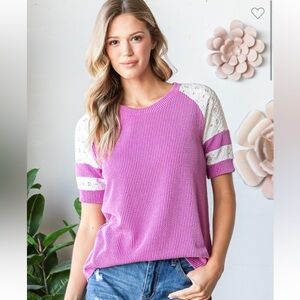 RS1-Magenta and White Lace Sleeve Women's Ribbed Top